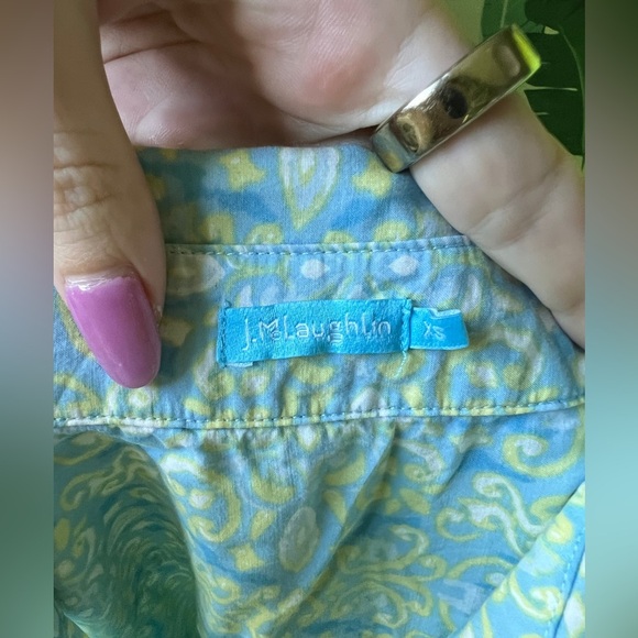 J McLaughlin Womens Blue Yellow Button Down Medallion Blouse Top Cotton Silk XS - Picture 8 of 9